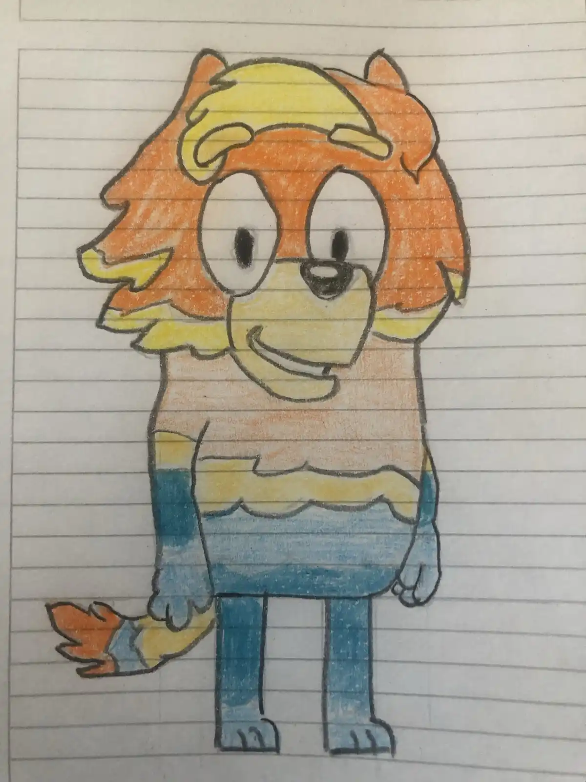 A hand-drawn cartoon character resembling Bluey, colored with crayons on lined notebook paper, has a cheerful expression and…