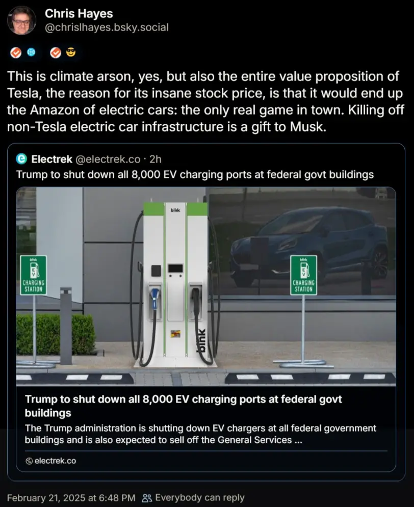 A screenshot of a social media post by Chris Hayes, who comments on a news article from Electrek. The article's headline and…
