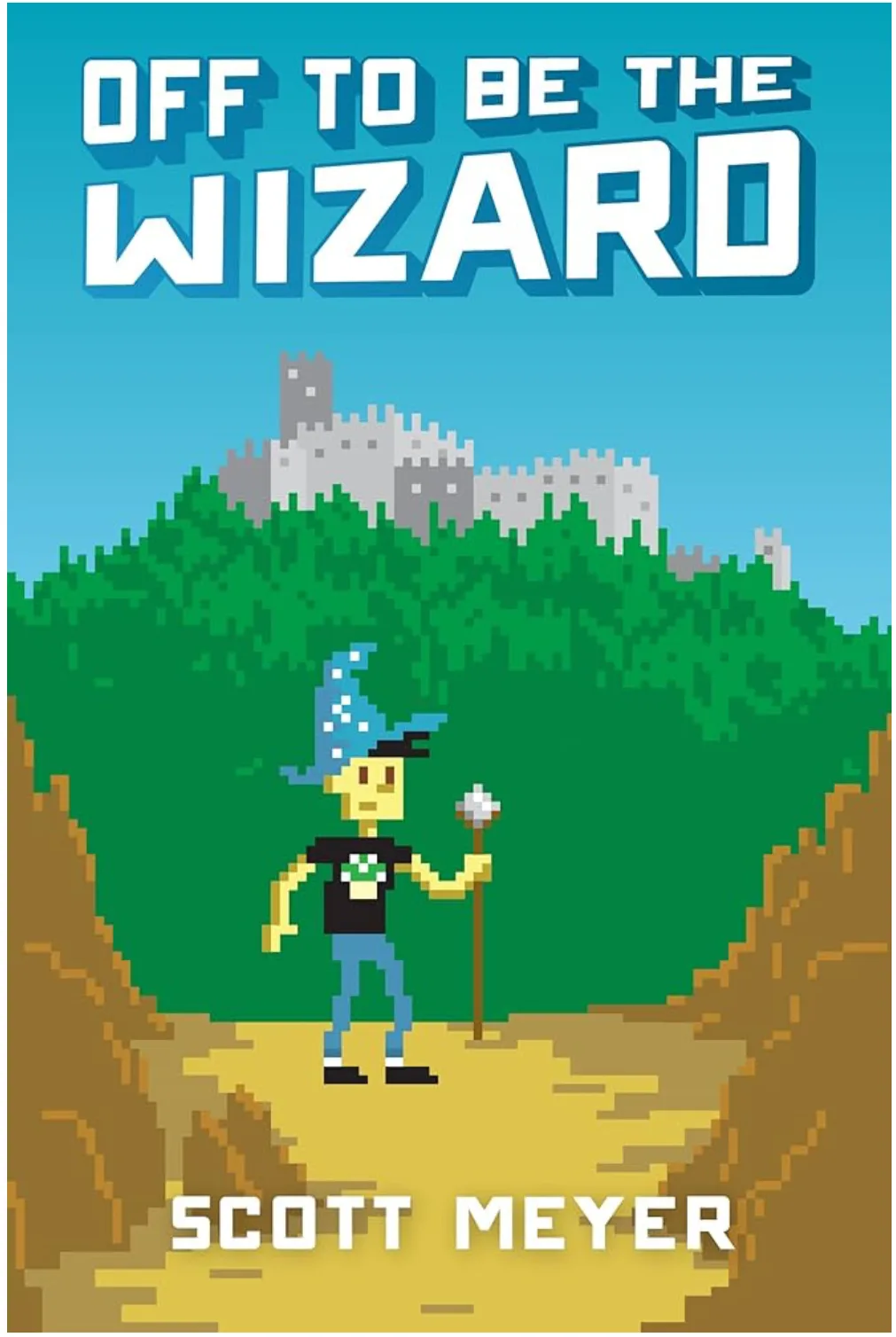 A pixel-art image shows a character in a blue wizard hat and casual clothes holding a staff, standing on a path toward a…