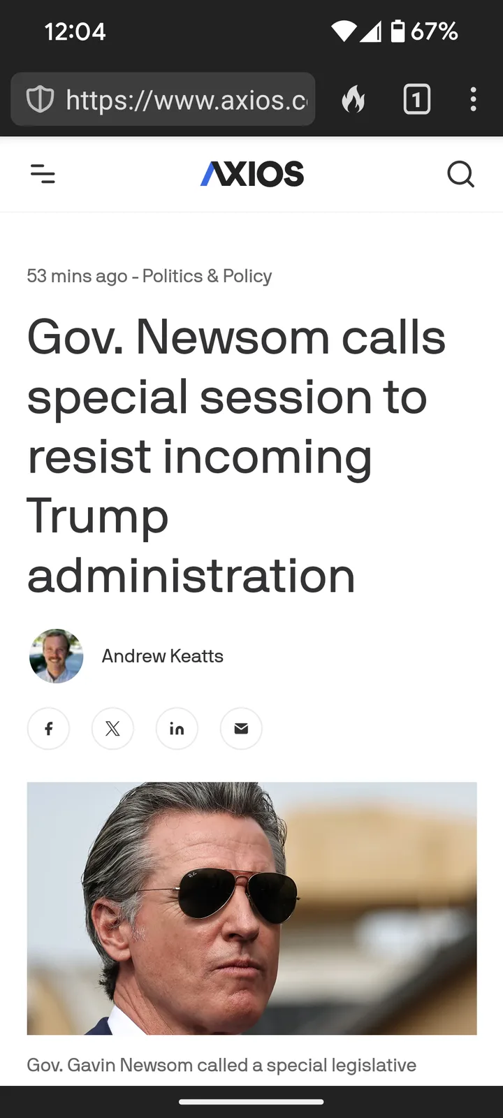 A screenshot of an Axios news article shows a headline about California Governor Gavin Newsom calling a special legislative…