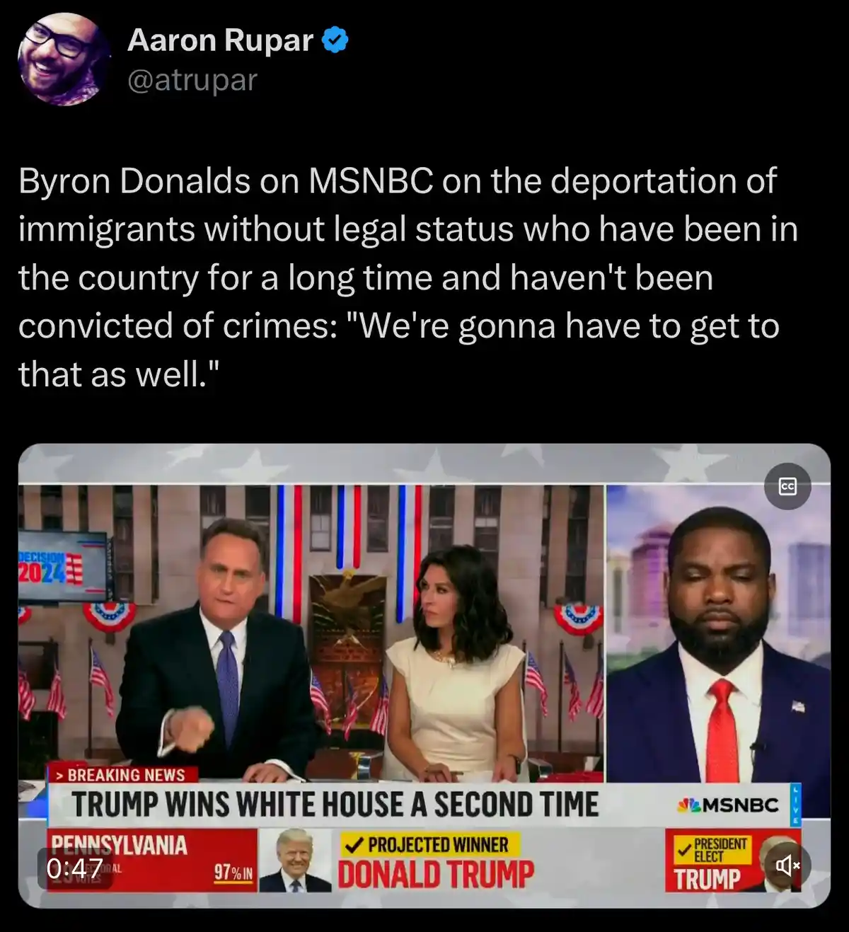 A screenshot from an MSNBC news broadcast shows two anchors and a guest. The lower third graphic reads 'TRUMP WINS WHITE…