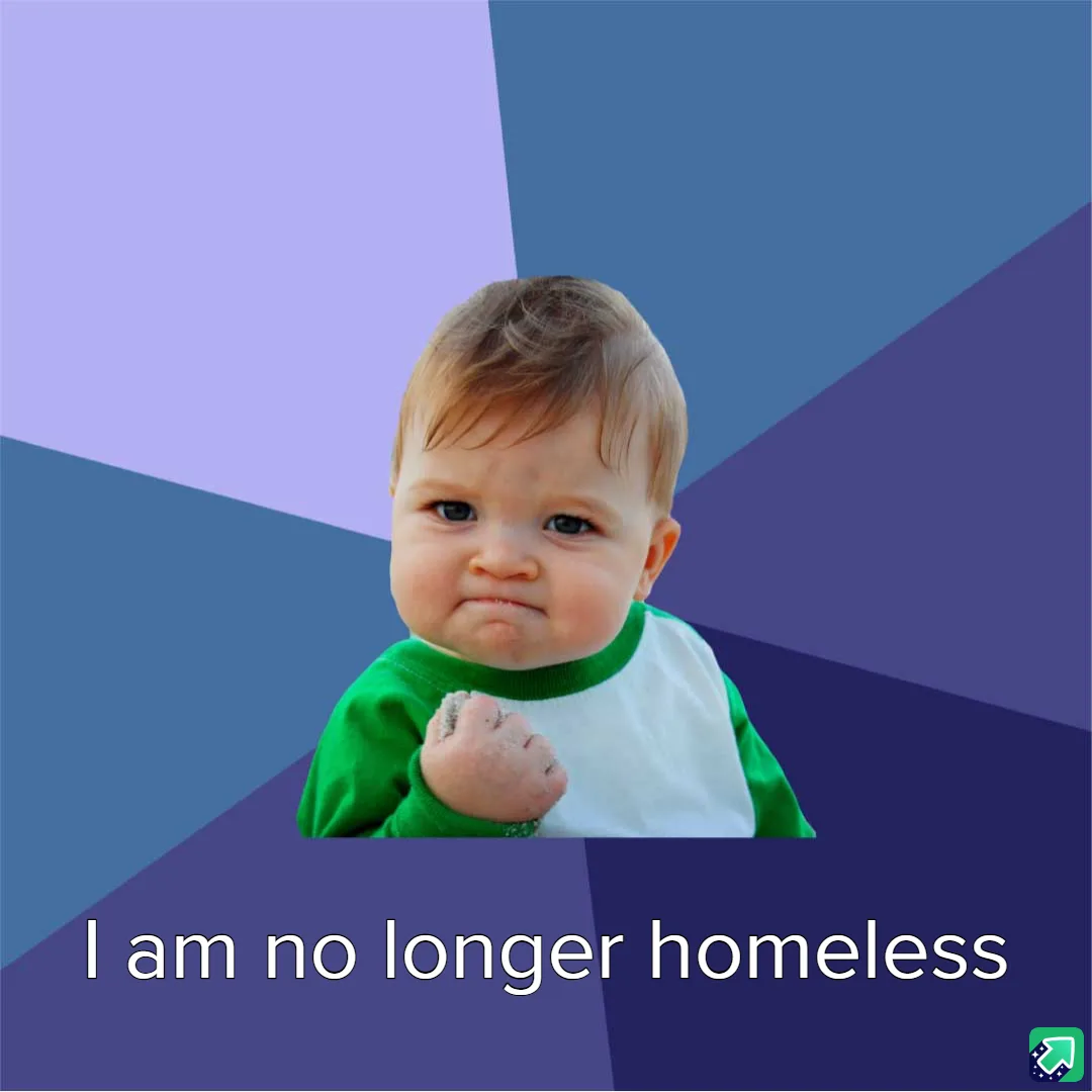 A baby with a determined, slightly angry expression, wearing a green and white shirt, clenched fist, against a geometric…