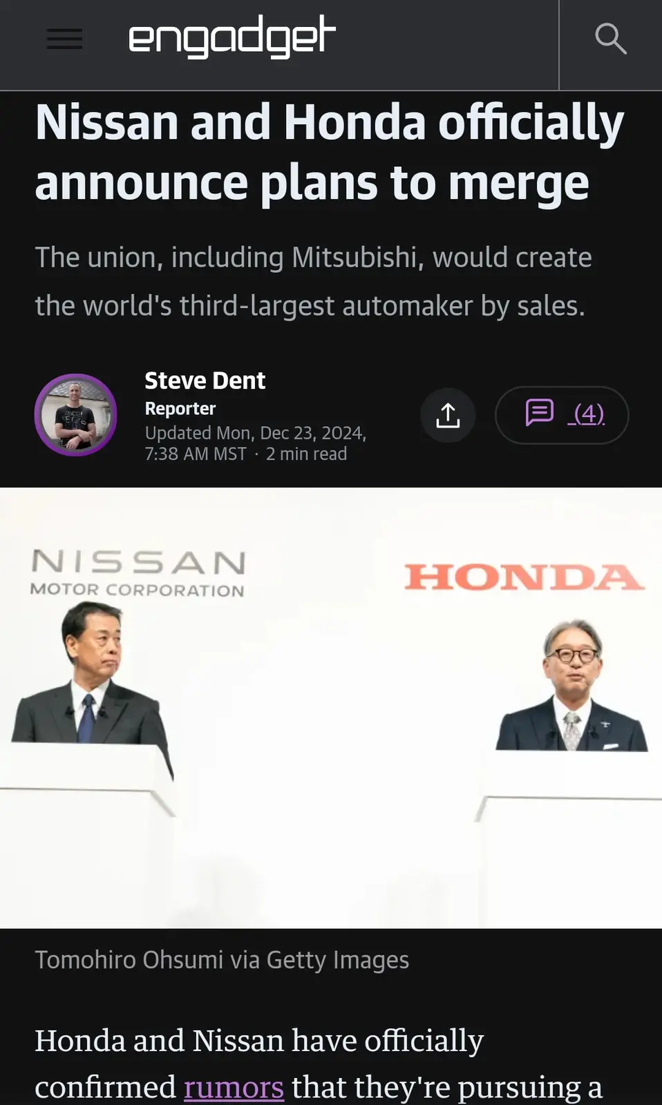 An Engadget news article screenshot shows two men in suits standing at podiums with 'NISSAN MOTOR CORPORATION' and 'HONDA'…