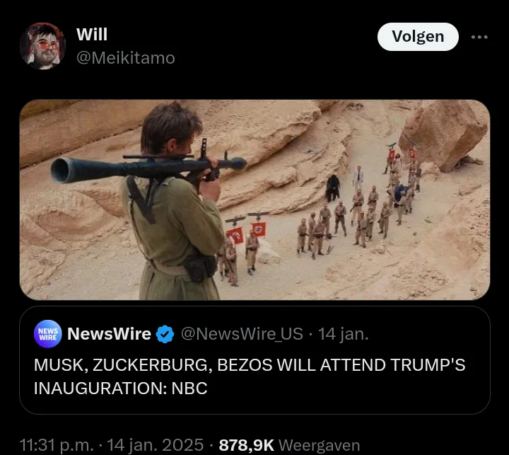 A screenshot of a tweet from NewsWire showing a news headline about Musk, Zuckerberg, and Bezos attending Trump's…