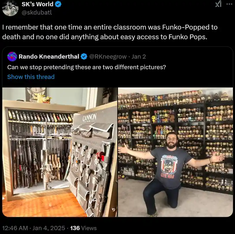 The image is a Twitter thread screenshot showing two side-by-side photos: one of a large safe filled with firearms and…