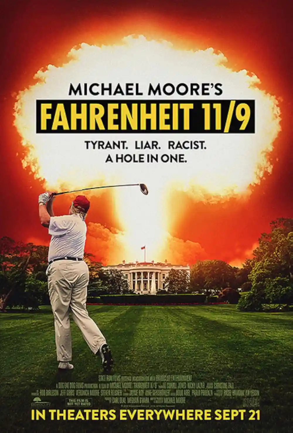 A man in golf attire swings a club on a lawn with the White House in the background, under a fiery sky. The overlaid text…