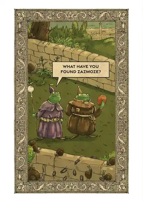 Two anthropomorphic frogs dressed in medieval-style robes stand in a grassy area beside a stone wall. One frog, in a purple…
