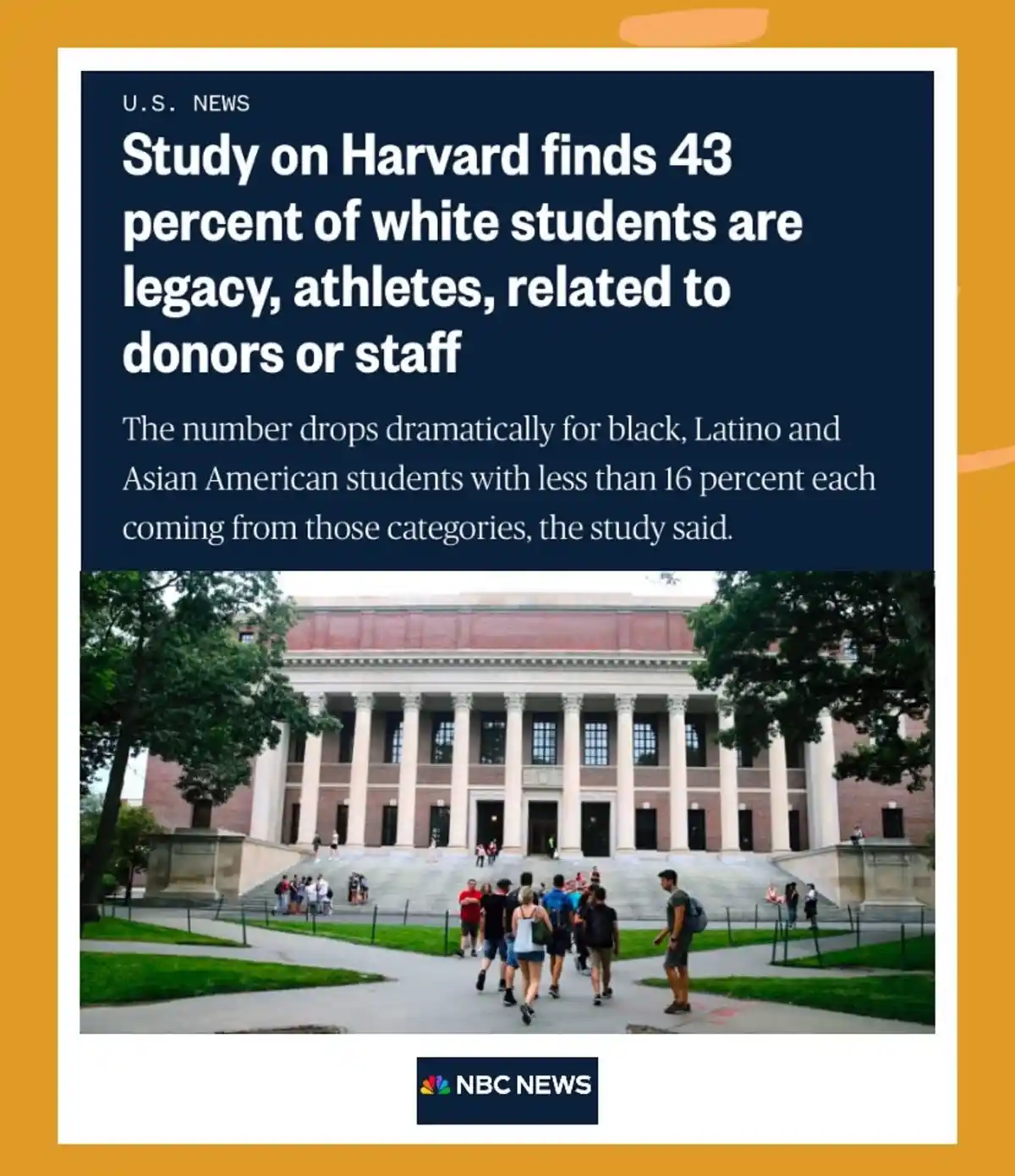 An image of Harvard University's iconic building with students walking on the steps, overlaid with a U.S. News headline…