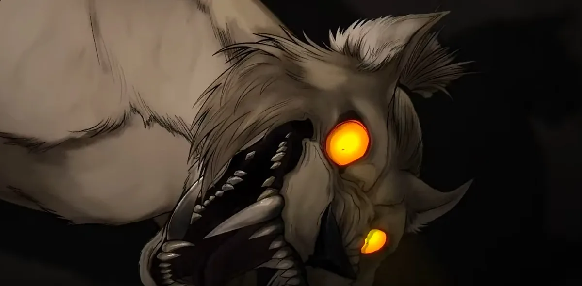 A menacing, furry creature with glowing orange eyes and sharp teeth is shown in a dark setting. The overlaid text reads 'i'm…
