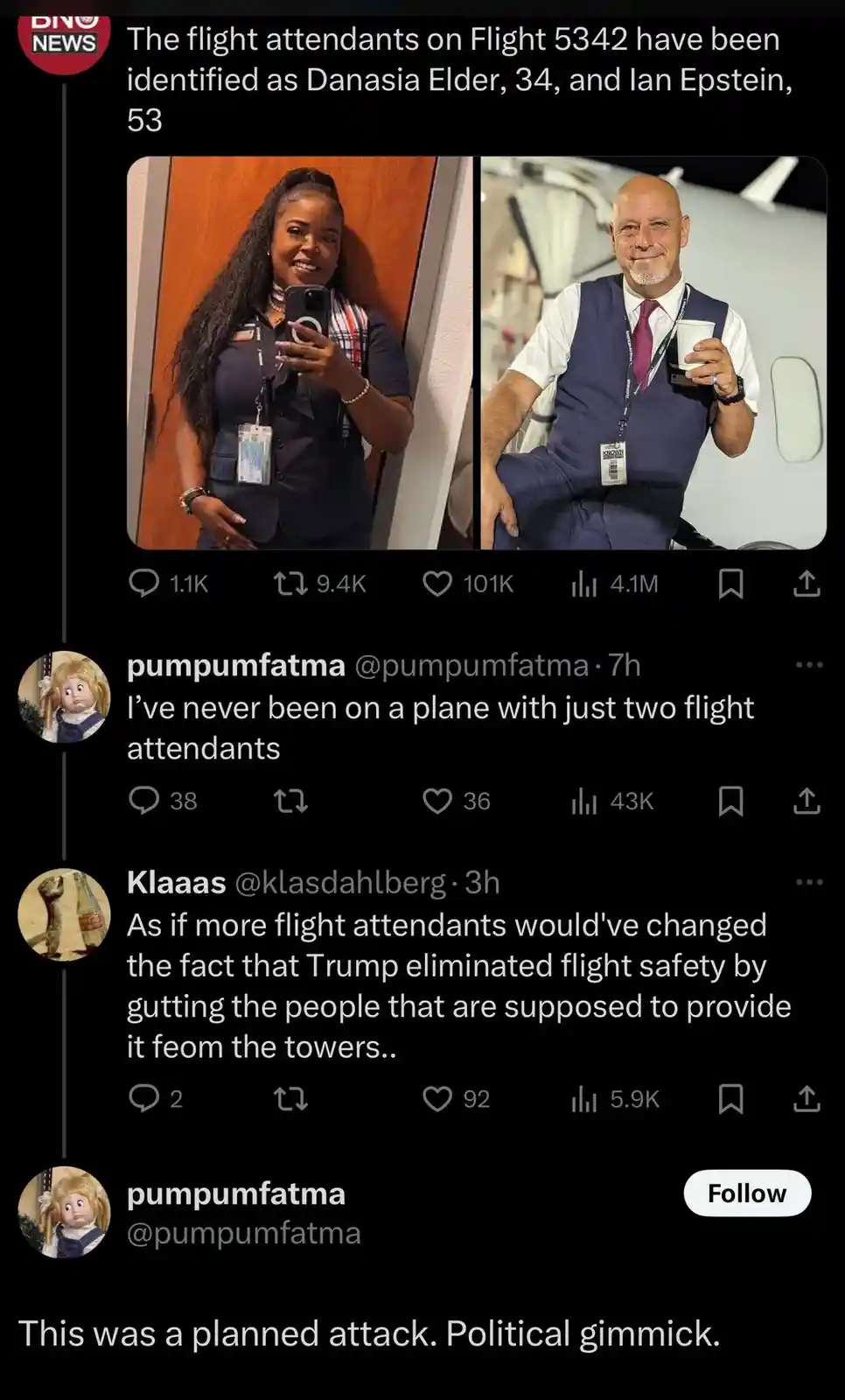 A screenshot of a social media post showing a 'BNO NEWS' headline identifying two flight attendants, Danasia Elder and Ian…