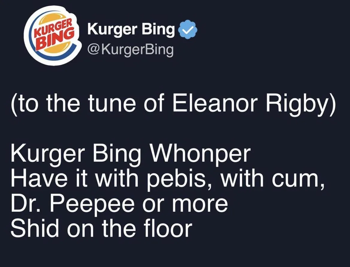 A darkly humorous meme mimicking a Twitter post from a parody account 'Kurger Bing' with a Burger King logo parody. The…
