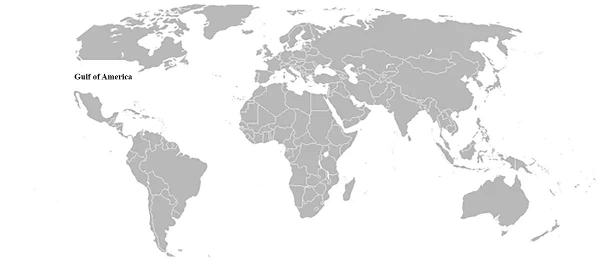 A grayscale world map with the text 'Gulf of America' overlaid near the eastern coast of North America, humorously…