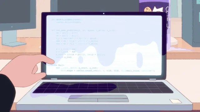 Three panels show a hand pointing at a laptop screen displaying a graph with code, then the graph turns into a wall of 'A's…