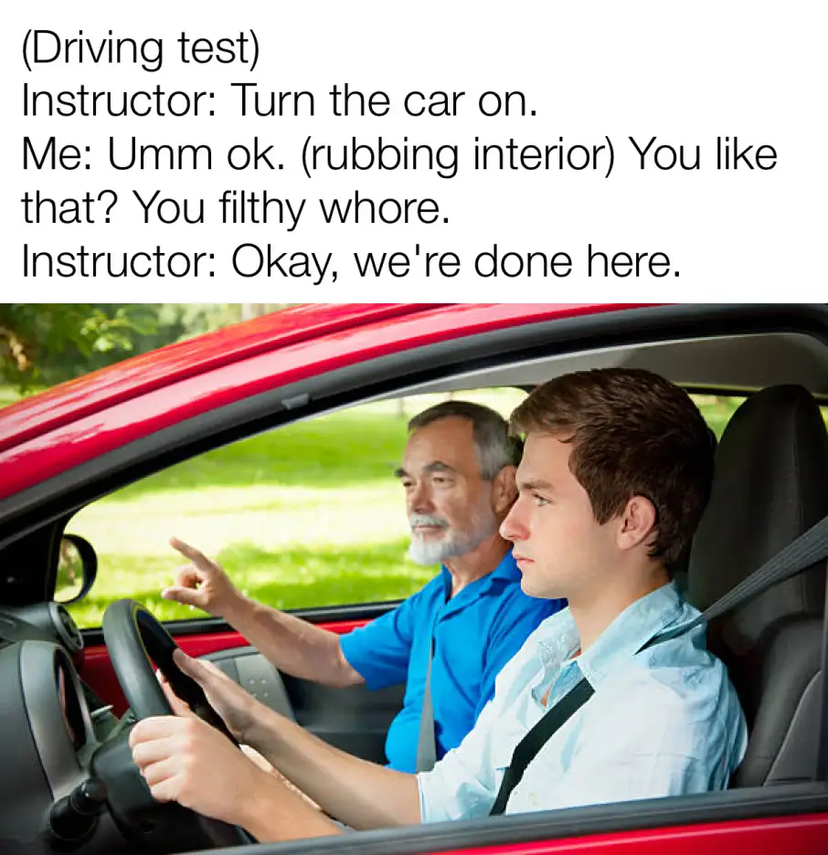 A driving test scene with a young male student in the driver's seat and an older male instructor in the passenger seat…