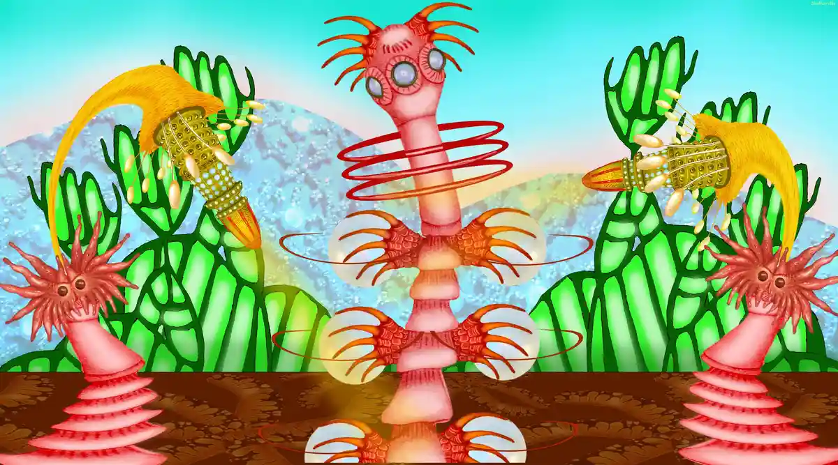 A surreal, colorful digital artwork depicts a central pink, multi-limbed alien creature with multiple eyes and red rings…