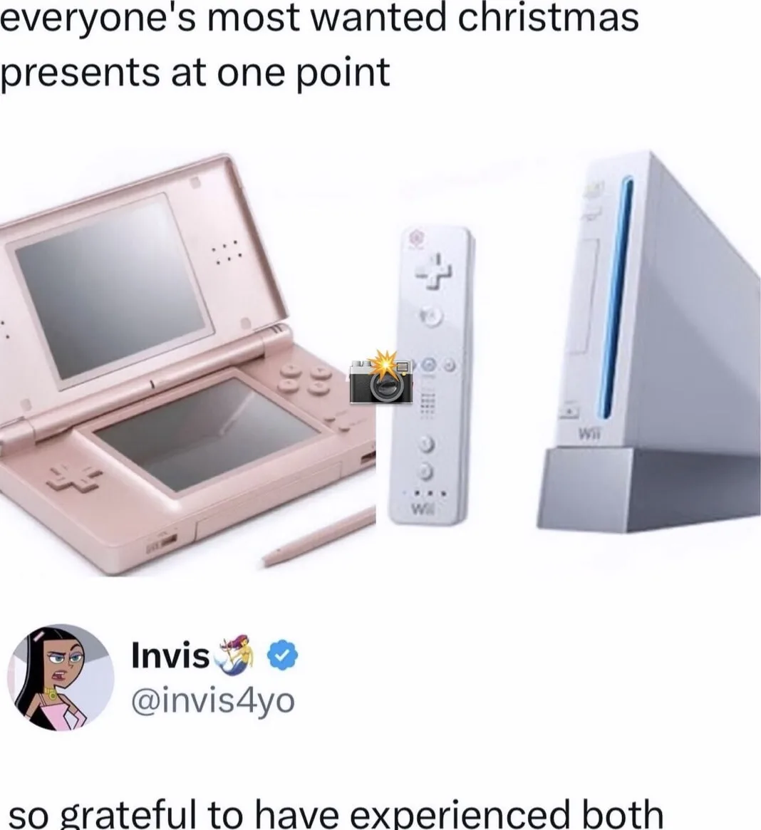 The image displays three Nintendo gaming devices: a pink Nintendo DSi, a white Wii Remote controller with a camera…