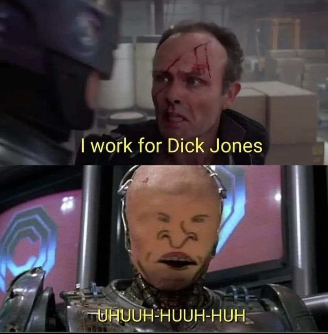The top panel shows a man with a bloody gash on his forehead, looking terrified, with text saying 'I work for Dick Jones'…