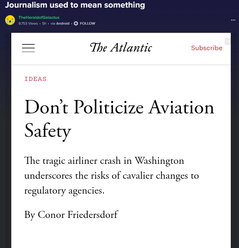 A screenshot of a The Atlantic article titled 'Don't Politicize Aviation Safety' by Conor Friedersdorf, with the overlaid…