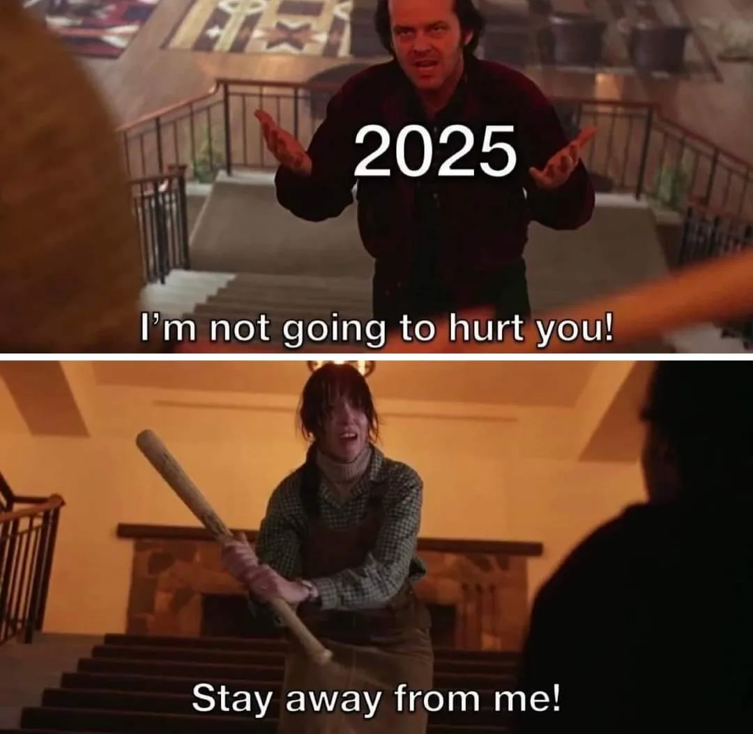 The top panel shows Jack Nicholson from 'The Shining' with the year '2025' overlaid, gesturing with both hands while saying…