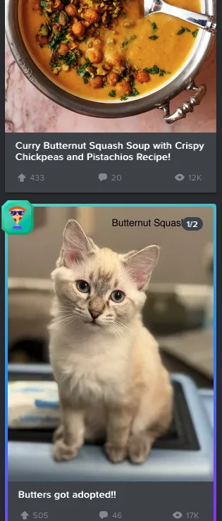 The image shows a screenshot of two social media posts. The top post displays a photo of a bowl of curry butternut squash…