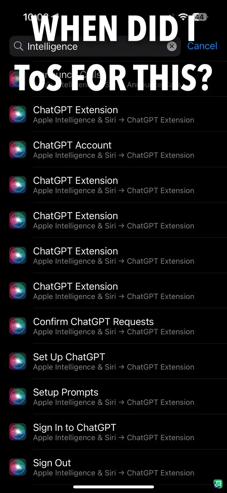 A screenshot of an iPhone settings menu with a search bar showing 'Intelligence' and a list of repeated 'ChatGPT Extension'…