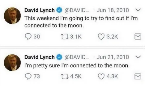 Two consecutive tweets from David Lynch, dated June 18 and 21, 2010, show his progression from uncertainly trying to find…