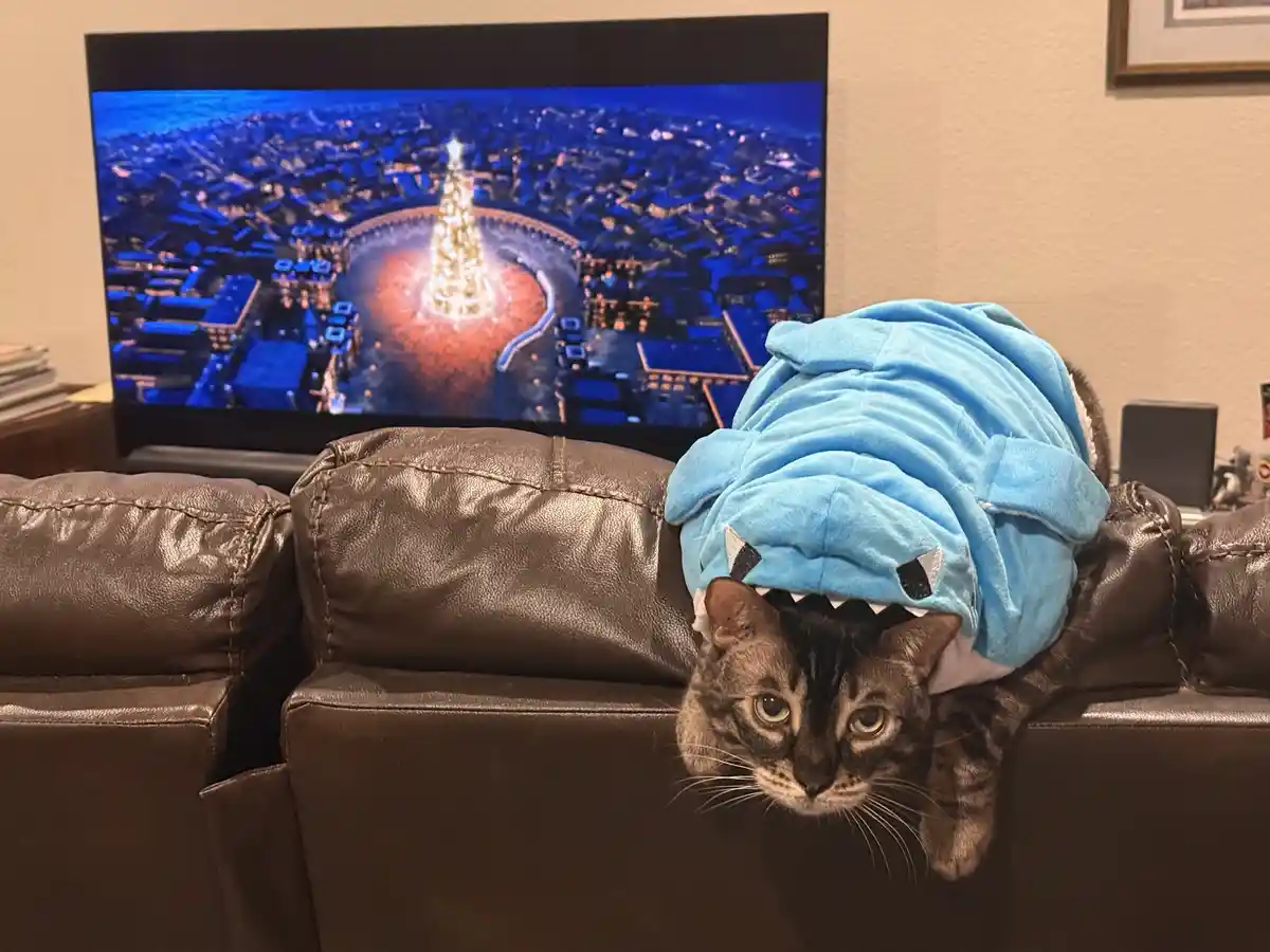 A tabby cat wearing a blue shark costume with white teeth and black eye patches is lying on a brown leather couch, looking…
