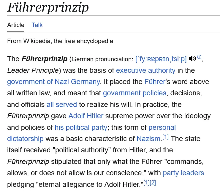 A screenshot of the Wikipedia article for 'Führerprinzip' shows the definition of the Nazi leadership principle, which…