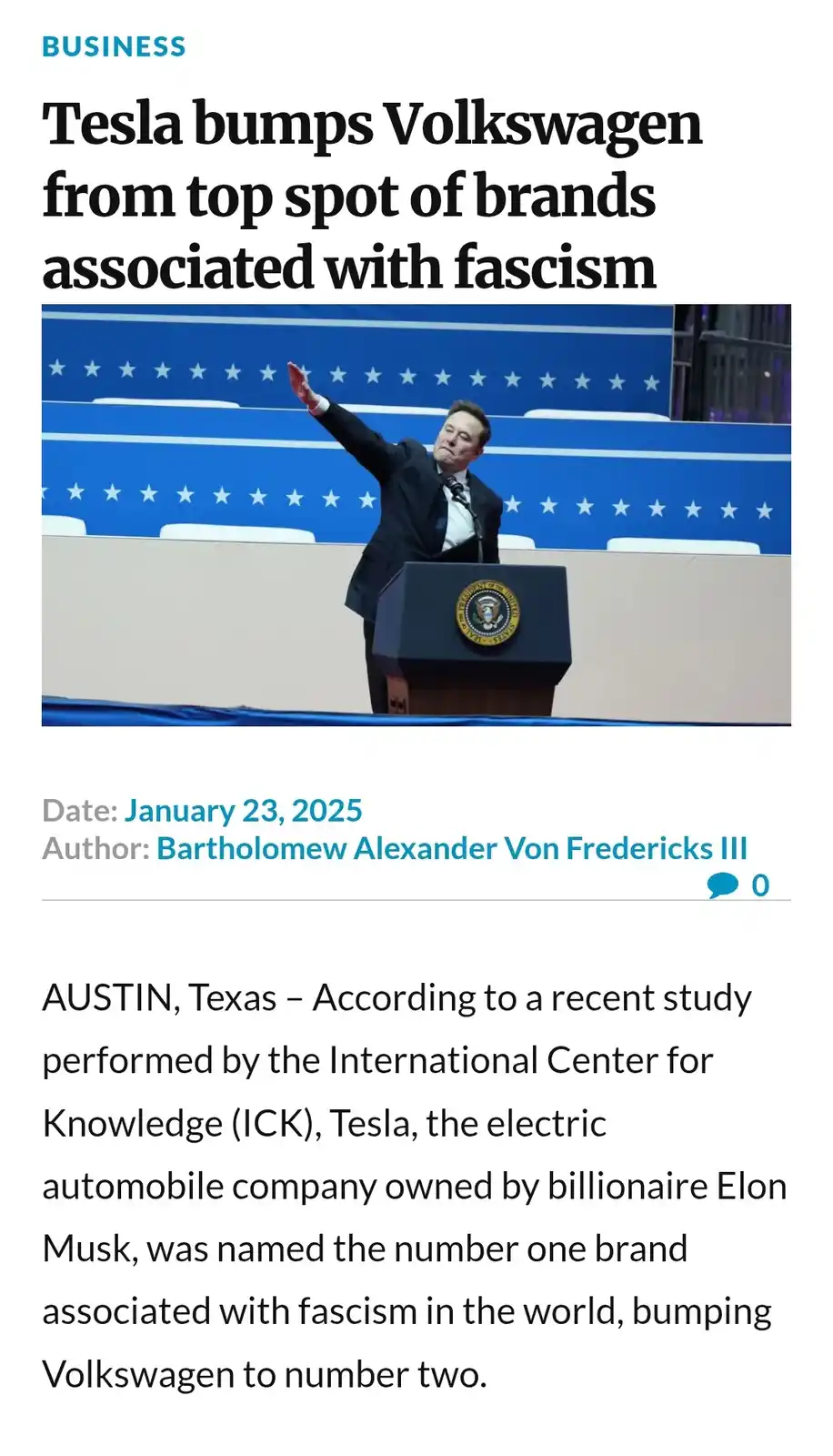 A satirical news article screenshot shows Elon Musk at a podium with the presidential seal, gesturing dramatically. The…