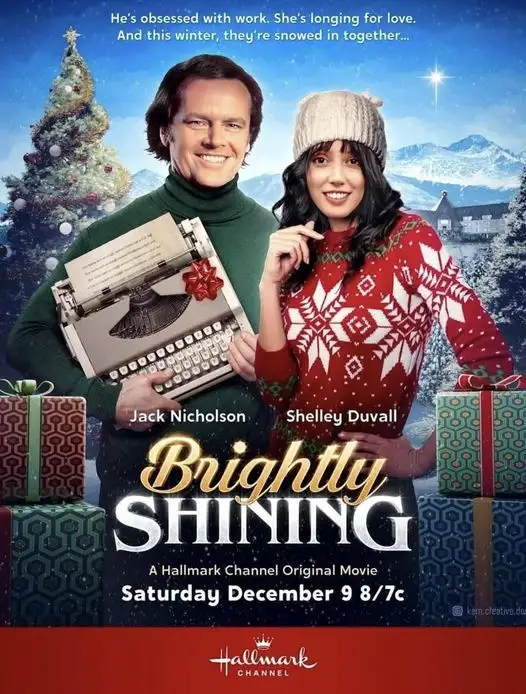 A movie poster for 'Brightly Shining' features actors Jack Nicholson and Shelley Duvall in a snowy, festive setting…
