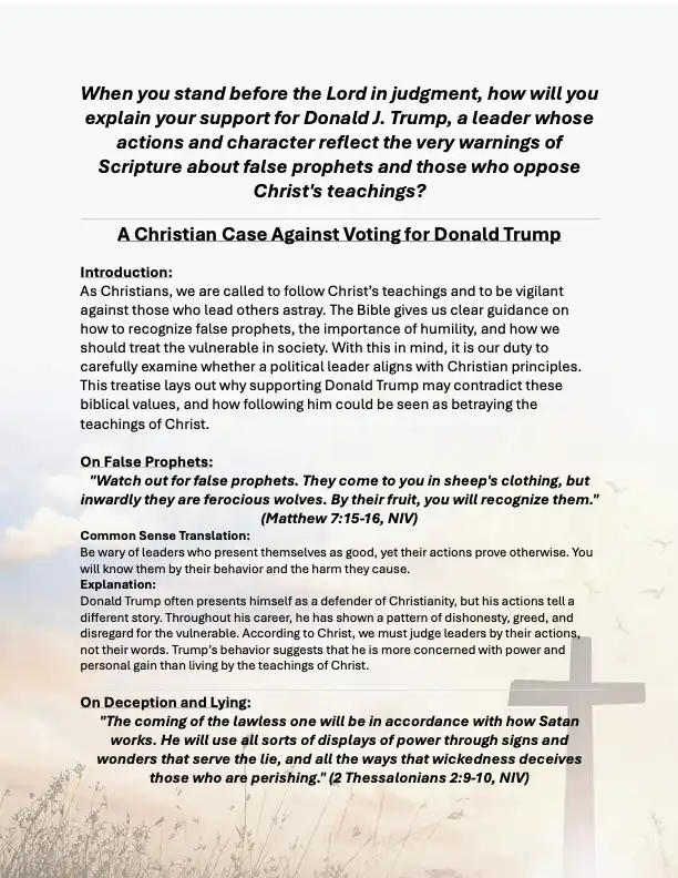 The image displays a document titled 'A Christian Case Against Voting for Donald Trump' with a cross and sky background. The…