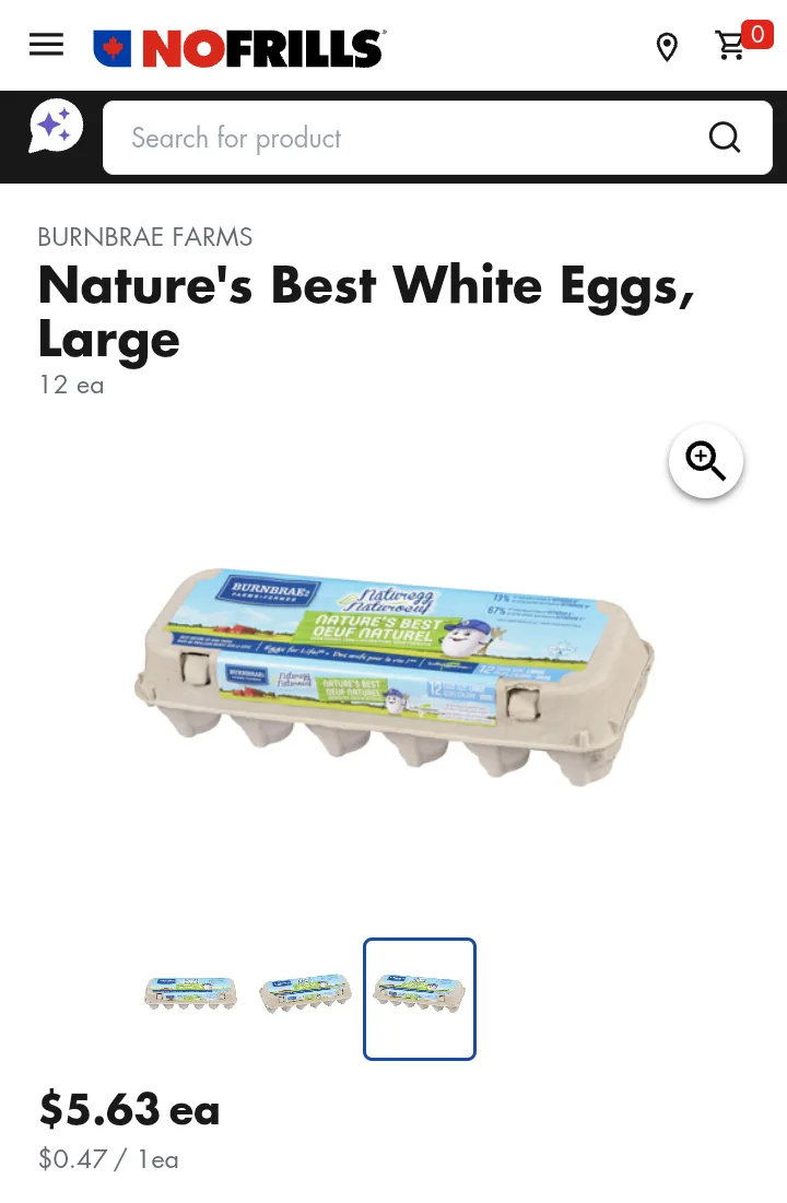 A screenshot of a No Frills grocery store product page showing a carton of Burnbrae Farms 'Nature's Best White Eggs, Large'…