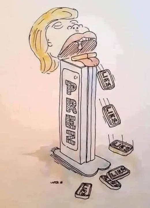 A cartoon drawing shows a person with blonde hair and a wide-open mouth, seemingly vomiting or spitting out multiple…