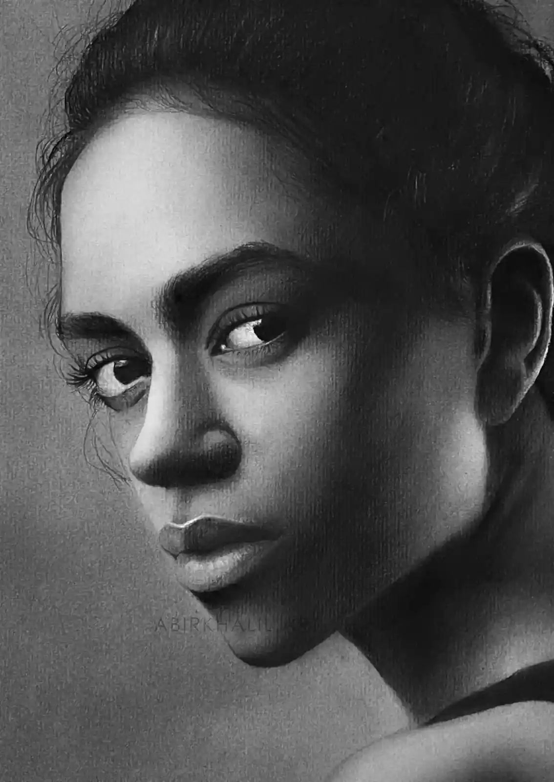 A highly detailed black-and-white charcoal portrait of a woman with dark hair pulled back, looking directly at the viewer…