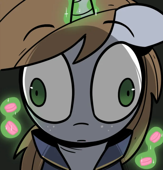 A cartoon character with grey skin, green eyes, and brown hair under a hat looks unimpressed, surrounded by floating green…