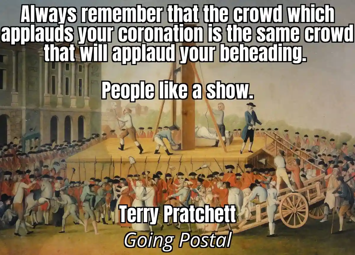 An old painting depicts a public execution by beheading on a scaffold, with a large crowd of people watching and cheering…