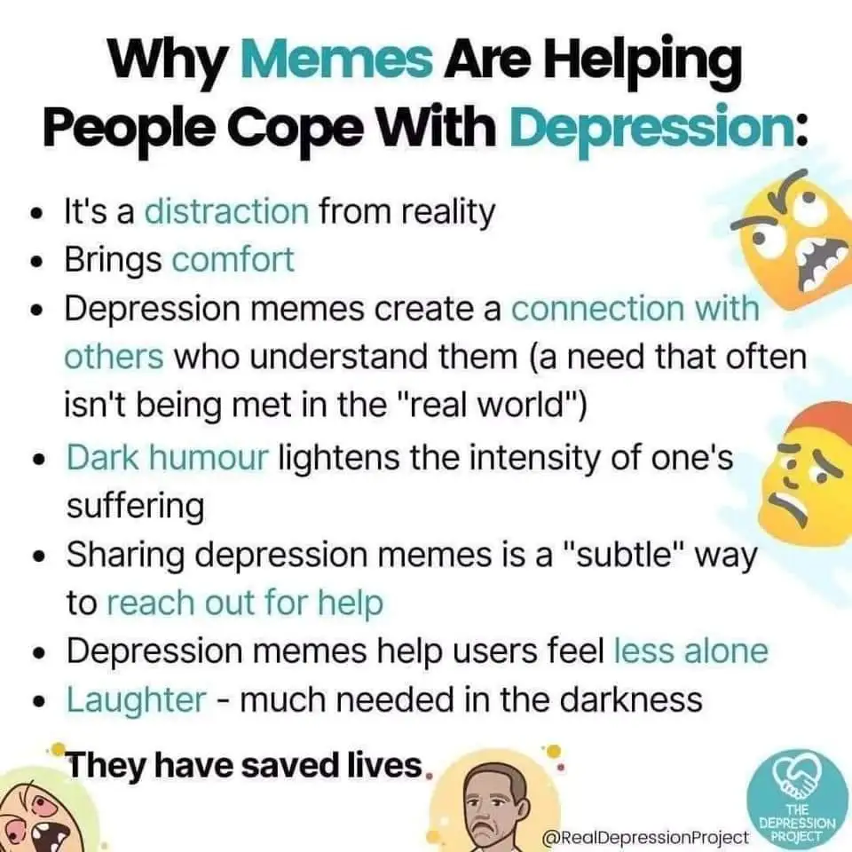 An infographic titled 'Why Memes Are Helping People Cope With Depression:' lists seven bullet points explaining how memes…