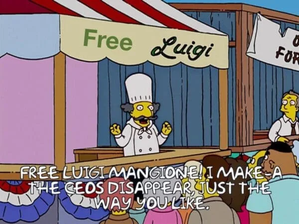 A cartoon chef with a mustache stands behind a food stall labeled 'Free Luigi' under a red-and-white striped awning. A crowd…