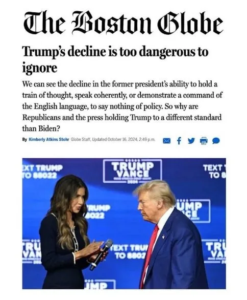 A screenshot of The Boston Globe article with the headline 'Trump's decline is too dangerous to ignore' and a photo of…