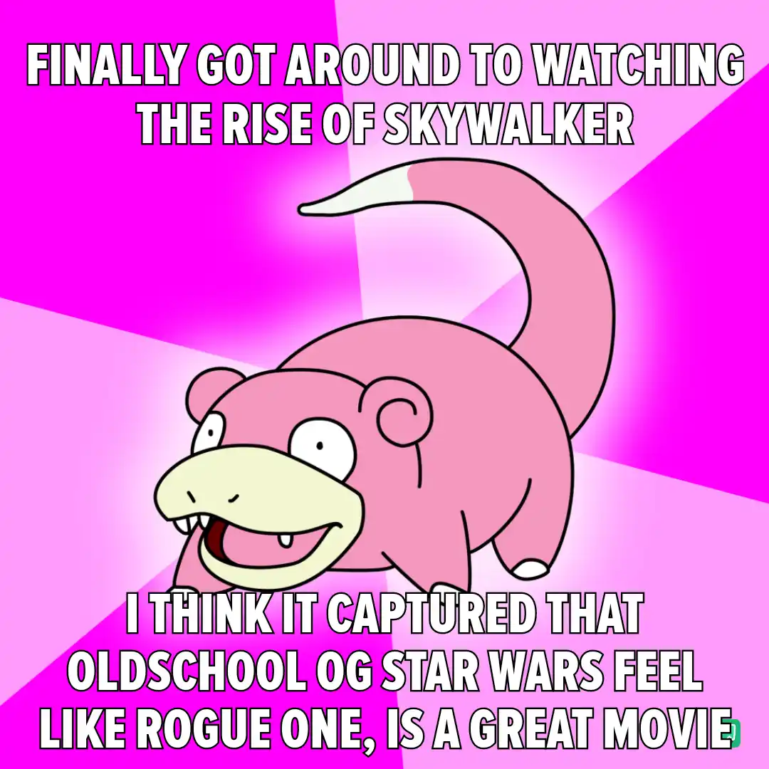 A pink cartoon Pokémon named Slowpoke is shown against a bright pink and magenta background with radiating lines. The text…