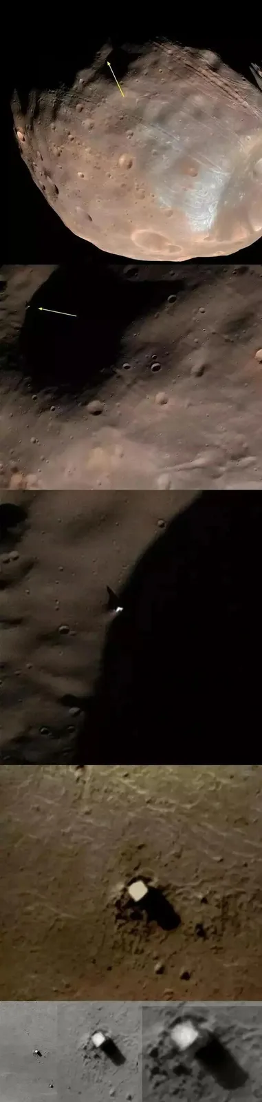 This image collage shows a small, bright, square-shaped object on the surface of a celestial body, likely a moon or…