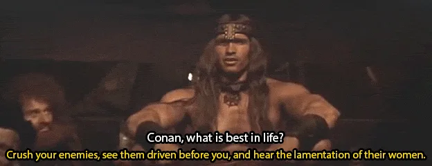 The image displays a still of the character Conan from the 1982 film 'Conan the Barbarian', shown in three panels. He is…