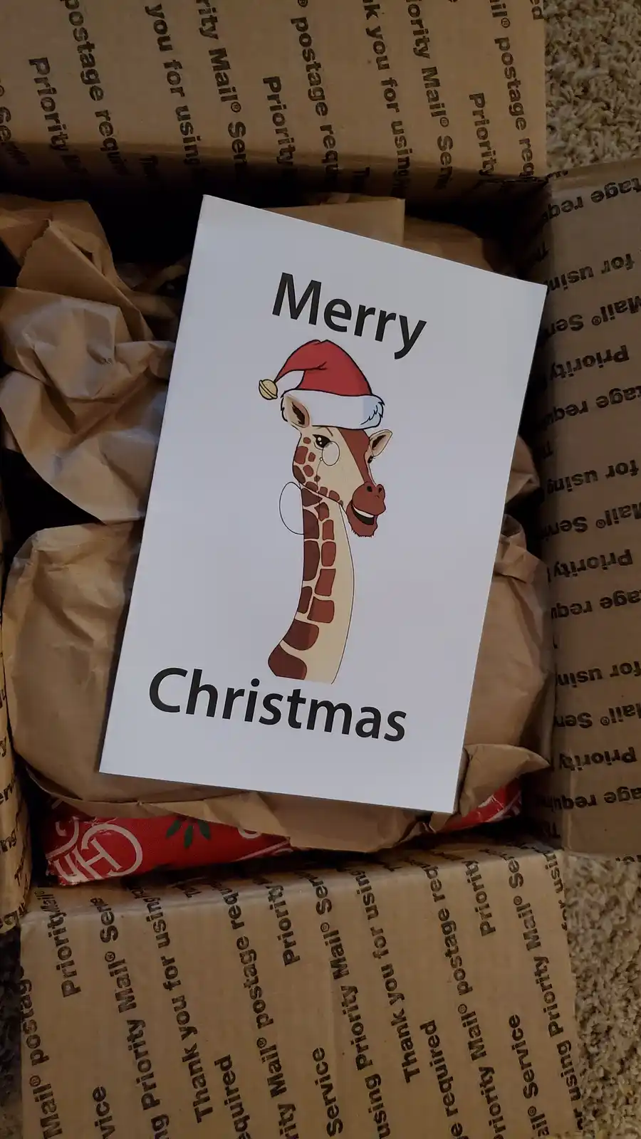 A white greeting card featuring a cartoon giraffe wearing a red Santa hat is placed atop a pile of brown Priority Mail…