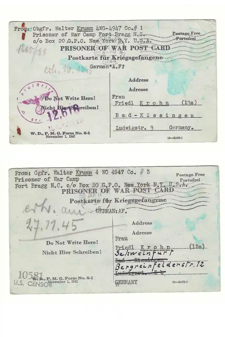 Two poignant WW2 postcards from a German POW at Fort Bragg, NC.
