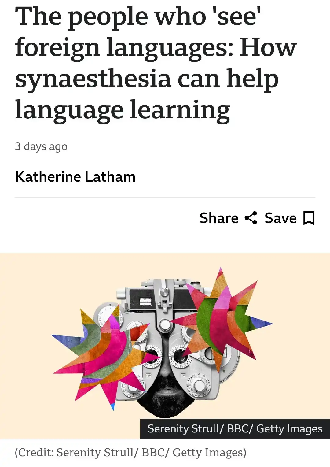 An article headline reads 'The people who 'see' foreign languages: How synaesthesia can help language learning' above a…