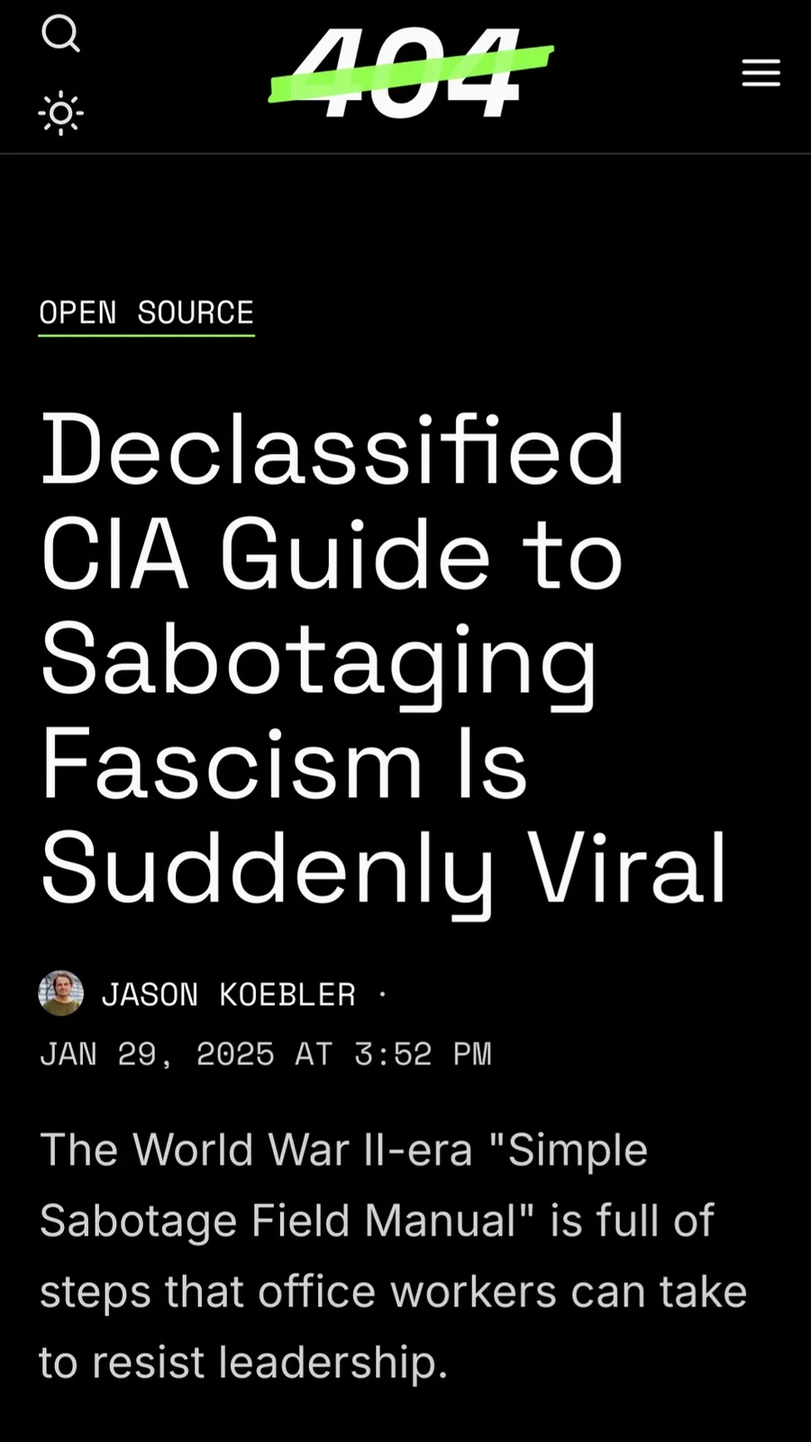 A screenshot of a news article with a black background and white text, showing a headline about a declassified CIA manual…