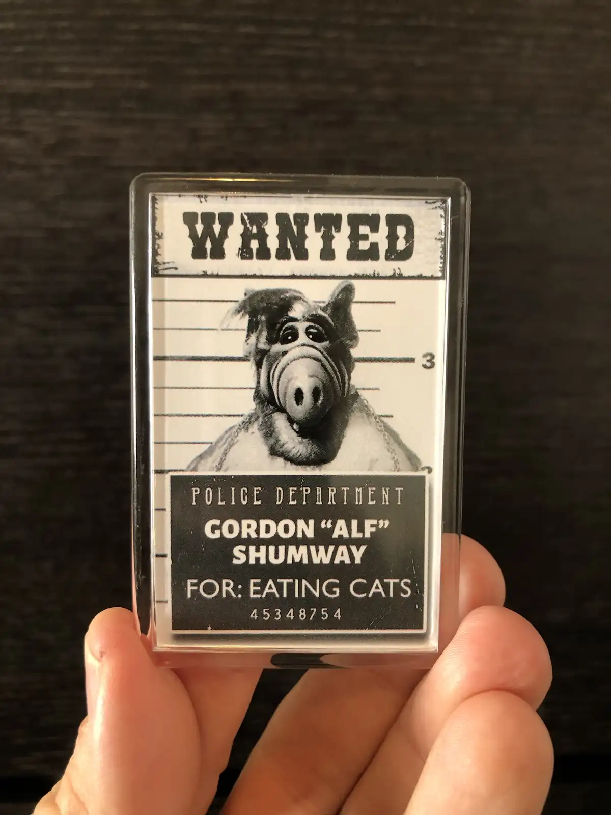 A hand holds a rectangular magnet featuring a black-and-white 'Wanted' poster. The poster shows a mugshot of the alien…