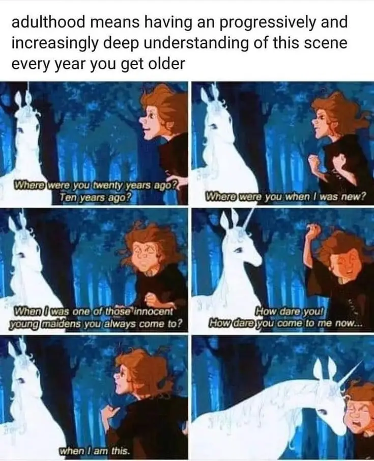 A six-panel comic strip from 'The Secret of NIMH' shows a young girl confronting a unicorn in a dark forest. The girl's…