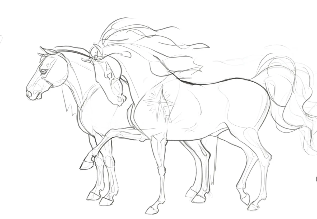 A black-and-white line drawing shows two horses, one standing behind the other, both with flowing manes and tails. The front…