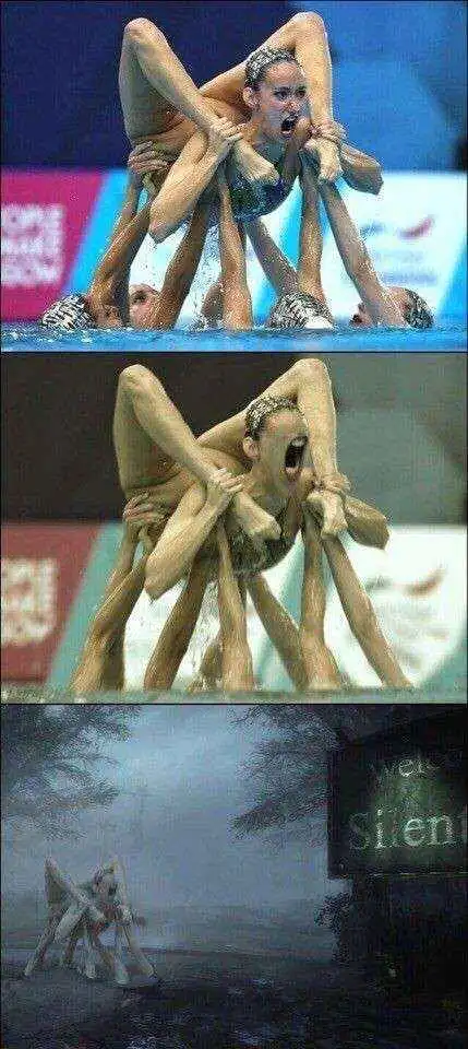 The image is a three-panel meme. The top two panels show synchronized swimmers in a complex, multi-person pose with one…
